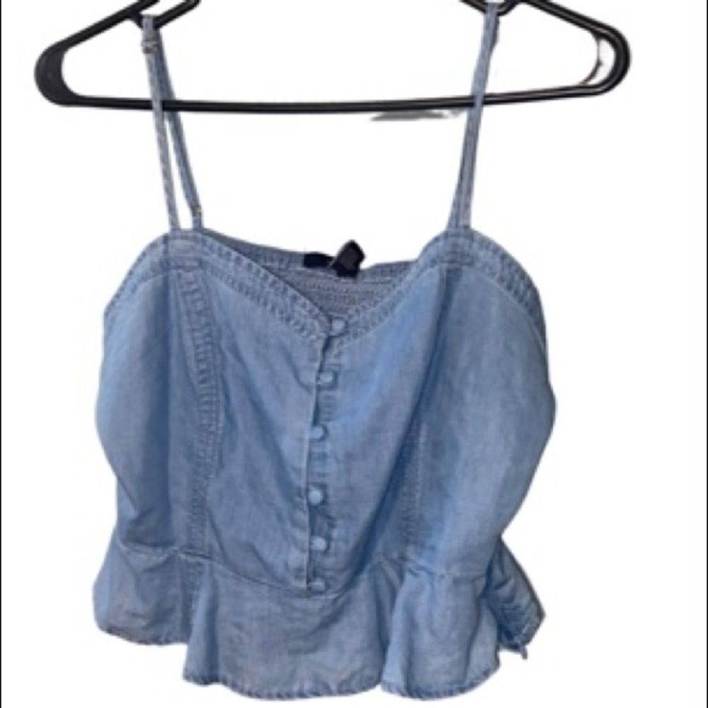 🥳HP!! FOREVER 21 Mini Y2K Crop Top Light Denim with Spaghetti Straps Sz L  NWT